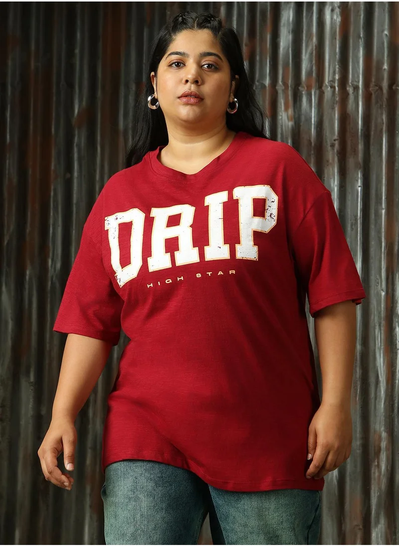 هاي ستار Women's Red 100% Cotton Printed Plus Size T-Shirt