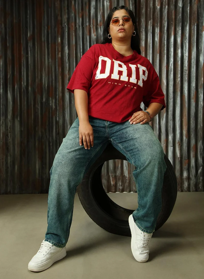 HIGH STAR Women's Red 100% Cotton Printed Plus Size T-Shirt