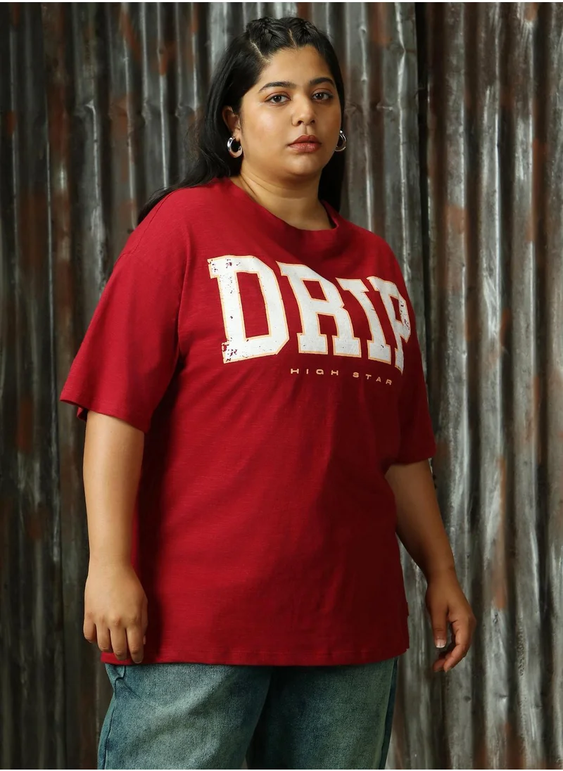 هاي ستار Women's Red 100% Cotton Printed Plus Size T-Shirt