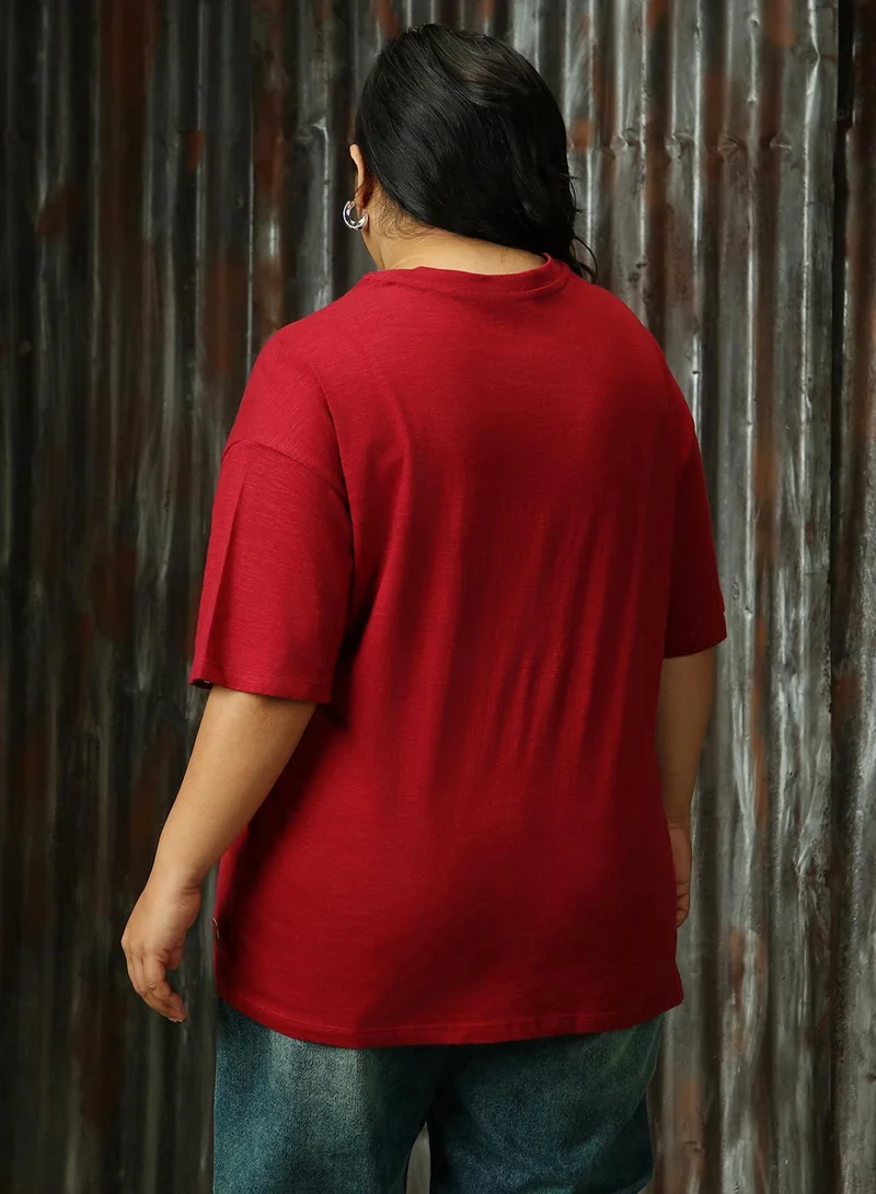 HIGH STAR Women's Red 100% Cotton Printed Plus Size T-Shirt