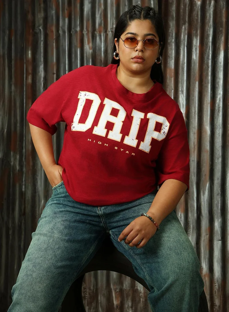 HIGH STAR Women's Red 100% Cotton Printed Plus Size T-Shirt