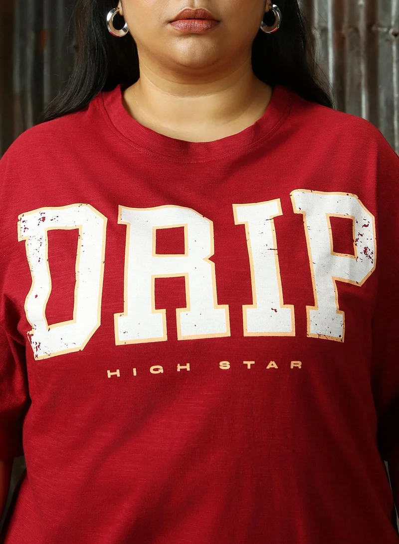 HIGH STAR Women's Red 100% Cotton Printed Plus Size T-Shirt