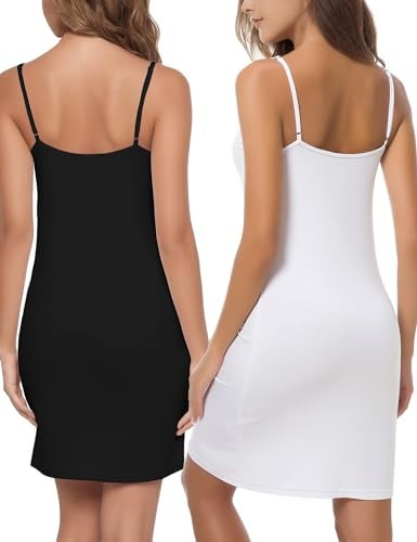 Buauty 2 Packs Mini Dress, Slip Dress, Spaghetti Strap Dresses for Women, White and Black Lingerie Womens Slips for Under Dresses, Cami Halter Neck Sleep Tank Cotton Plus Size Ladies Slips No Static - Image 3
