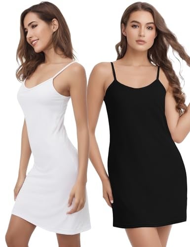 Buauty 2 Packs Mini Dress, Slip Dress, Spaghetti Strap Dresses for Women, White and Black Lingerie Womens Slips for Under Dresses, Cami Halter Neck Sleep Tank Cotton Plus Size Ladies Slips No Static - Image 2