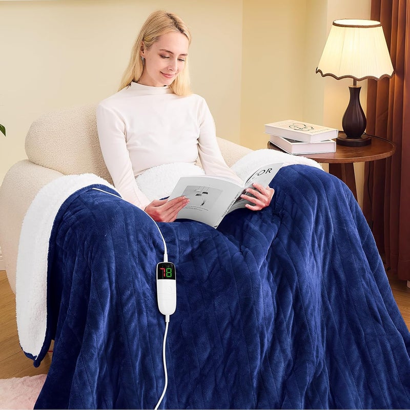 GreenOak Heated Electric Twin Blanket 62"X84", 10 Heat Levels, 1-8 Hours Auto-Off, Overheat Protection, Flannel Sherpa Soft Warm, ETL Certified, Sea Blue - Image 1