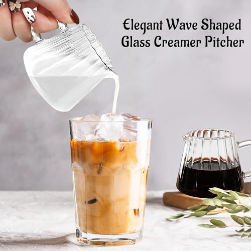 Loscarol 2 Pcs Small Glass Pitcher - Elegant Wave Shaped Creamer Pitcher for Coffee, Milk, Tea, 6 oz Milk Frothing Cup Creamer Jug for Kitchen - Image 2
