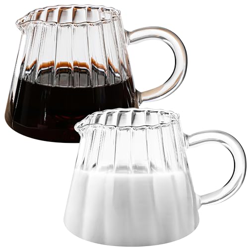 Loscarol 2 Pcs Small Glass Pitcher - Elegant Wave Shaped Creamer Pitcher for Coffee, Milk, Tea, 6 oz Milk Frothing Cup Creamer Jug for Kitchen - Image 1