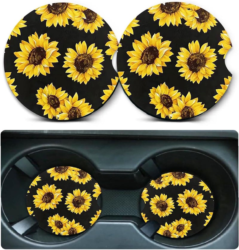 Ldntly Car Coasters for Cup Holders,2 Pack Sunflowers Leopard Car Cup Holder Coasters,2.75" Universal Size Anti Slip Rubber Mat,Sunflowers Gifts for Women,Mom,Her,Wife,Girlfriend - Image 1