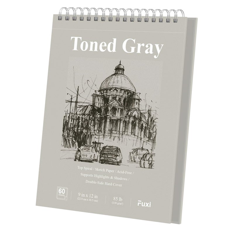 Fuxi Toned Grey Sketch Pad 9x12 Spiral Sketchbook 60 Sheets 85lb130gsm Art Paper Artist Paper for Drawing with Pencil Charcoal for Artists Students Art Class - Image 2