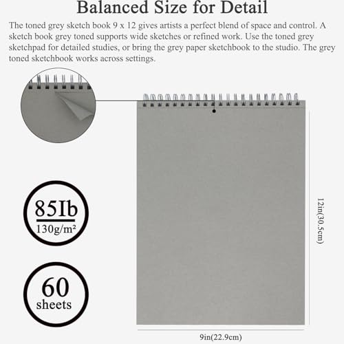Fuxi Toned Grey Sketch Pad 9x12 Spiral Sketchbook 60 Sheets 85lb130gsm Art Paper Artist Paper for Drawing with Pencil Charcoal for Artists Students Art Class - Image 3