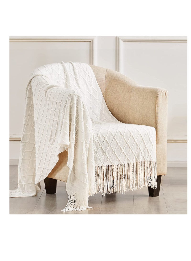 Knitted Throw Blankets for Couch Sofa and Bed Lightweight Soft Knit Blanket with Tassel Decorative Cozy Farmhouse Throw Blankets for Women and Man 50"x60" Cream Off White - Image 1