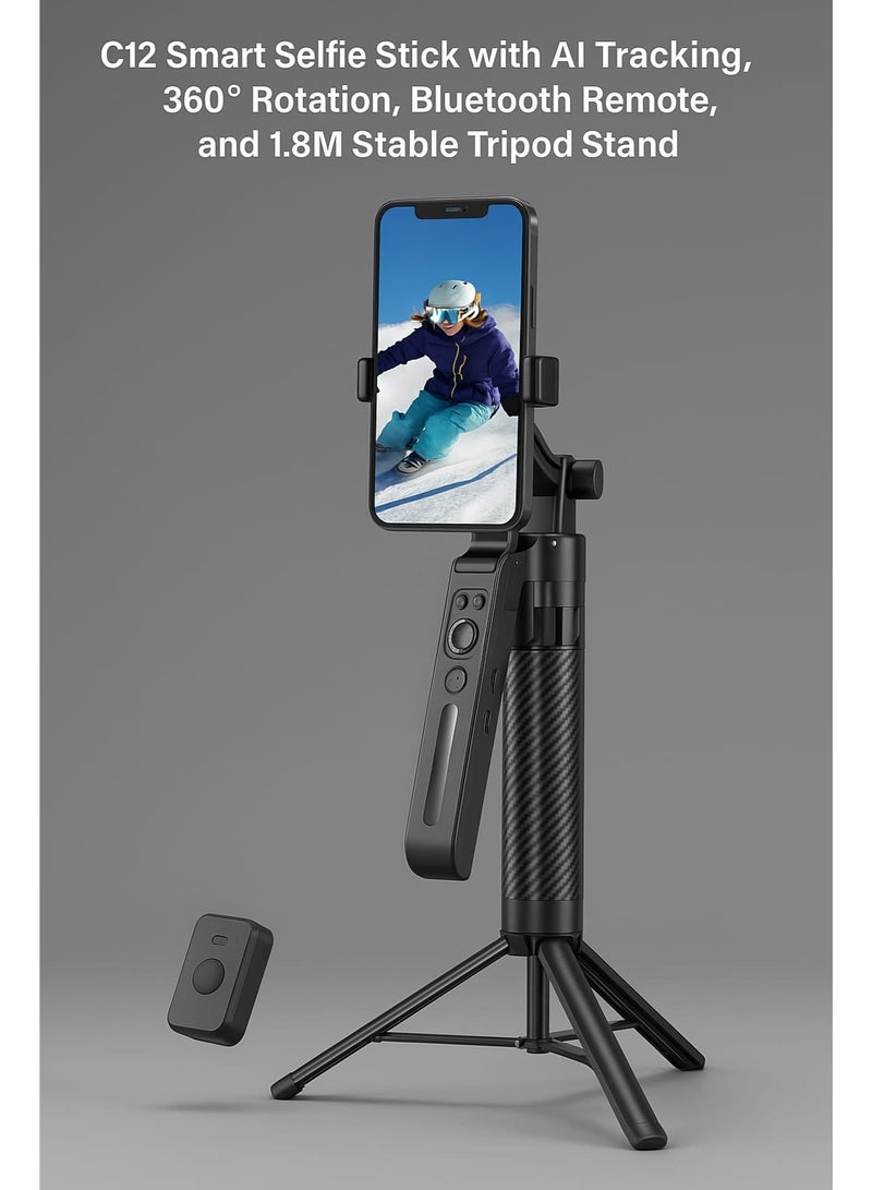 C12 Smart Selfie Stick with AI Tracking, 360° Rotation, Bluetooth Remote, and 1.8M Stable Tripod Stand - Image 2