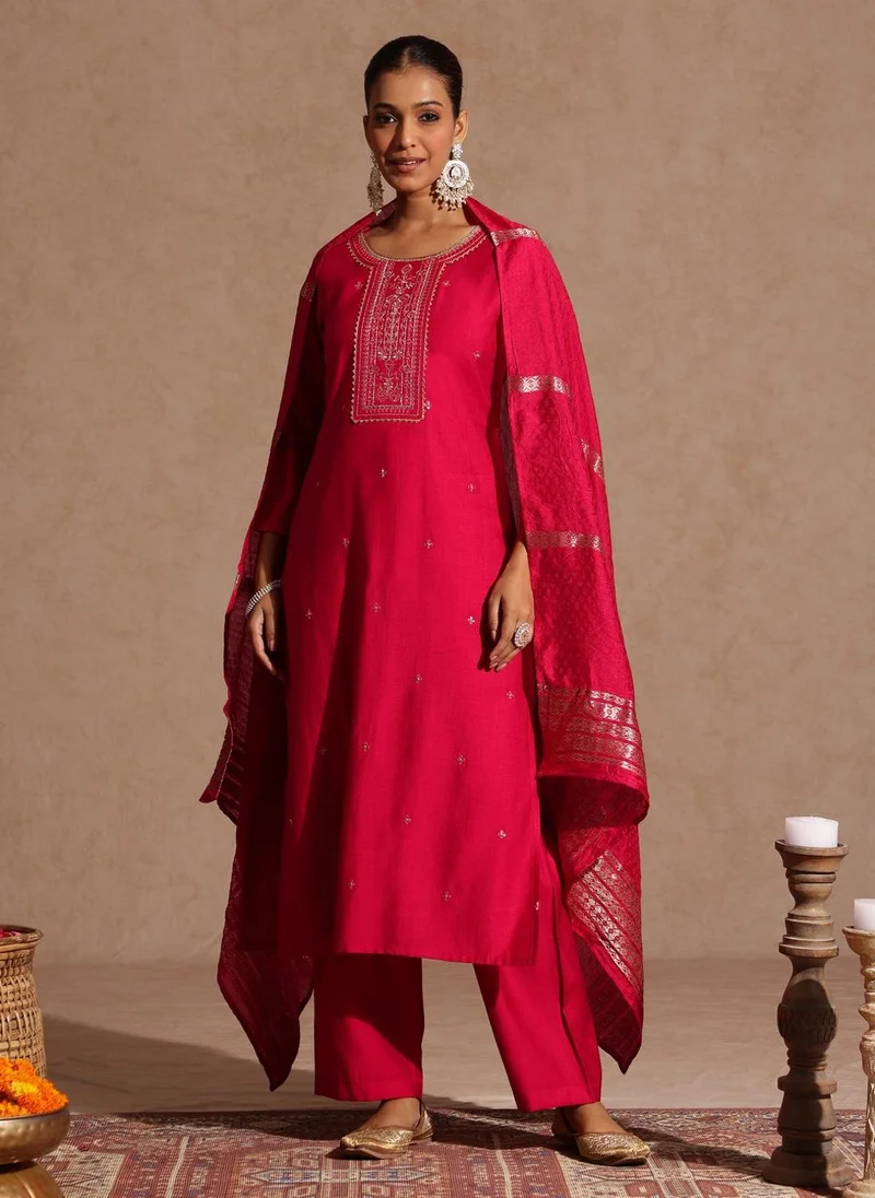 ZERESOUQ Pink Silk Blend Embroidered 3-Piece Kurta Set