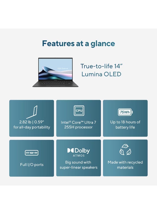 أسوس ZenBook 14 OLED Laptop With 14-Inch WUXGA Touchscreen Display, Core Ultra 7 255H Series 2 Processor/16GB RAM/1TB SSD/Intel Arc Graphics/Windows 11 Home (Upgraded) English Jasper Gray - Image 5