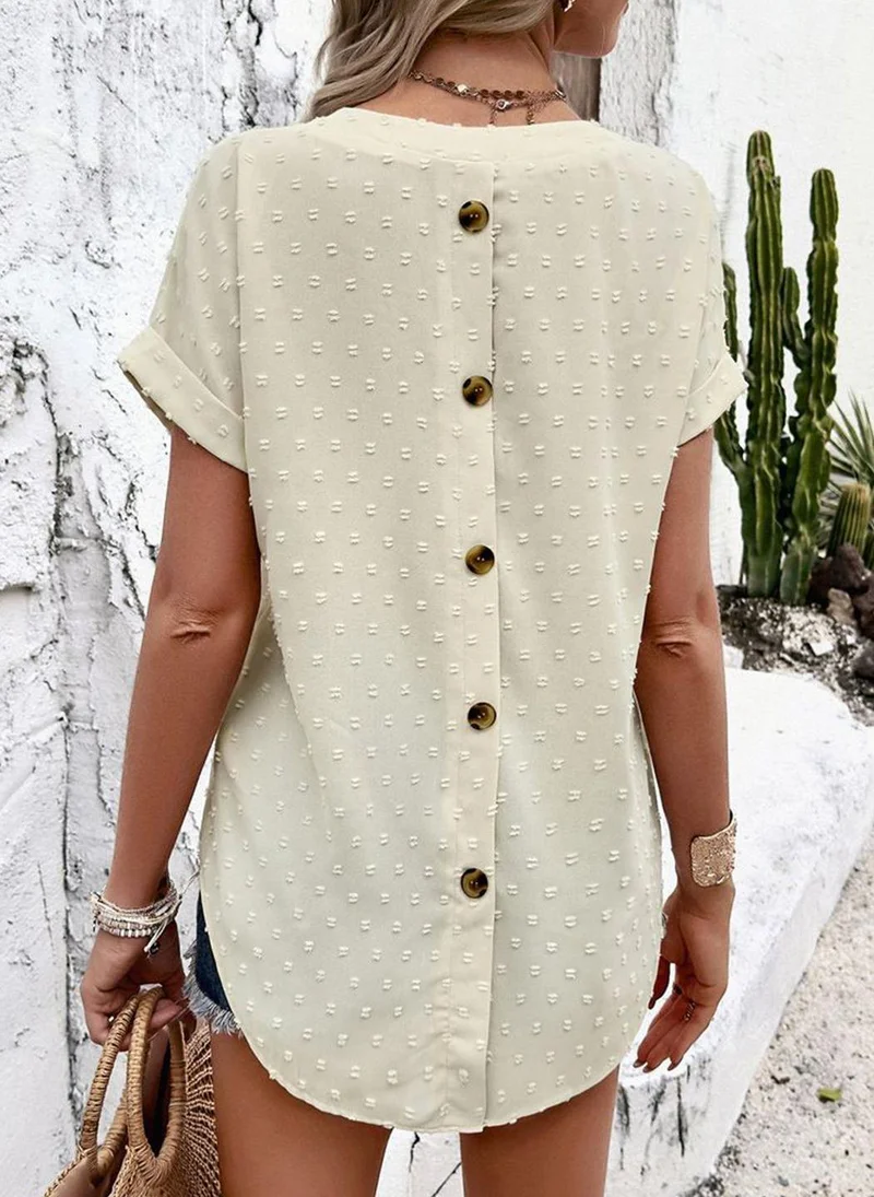 YUNIQEE Off White V-Neck Short Sleeves Self Design Top