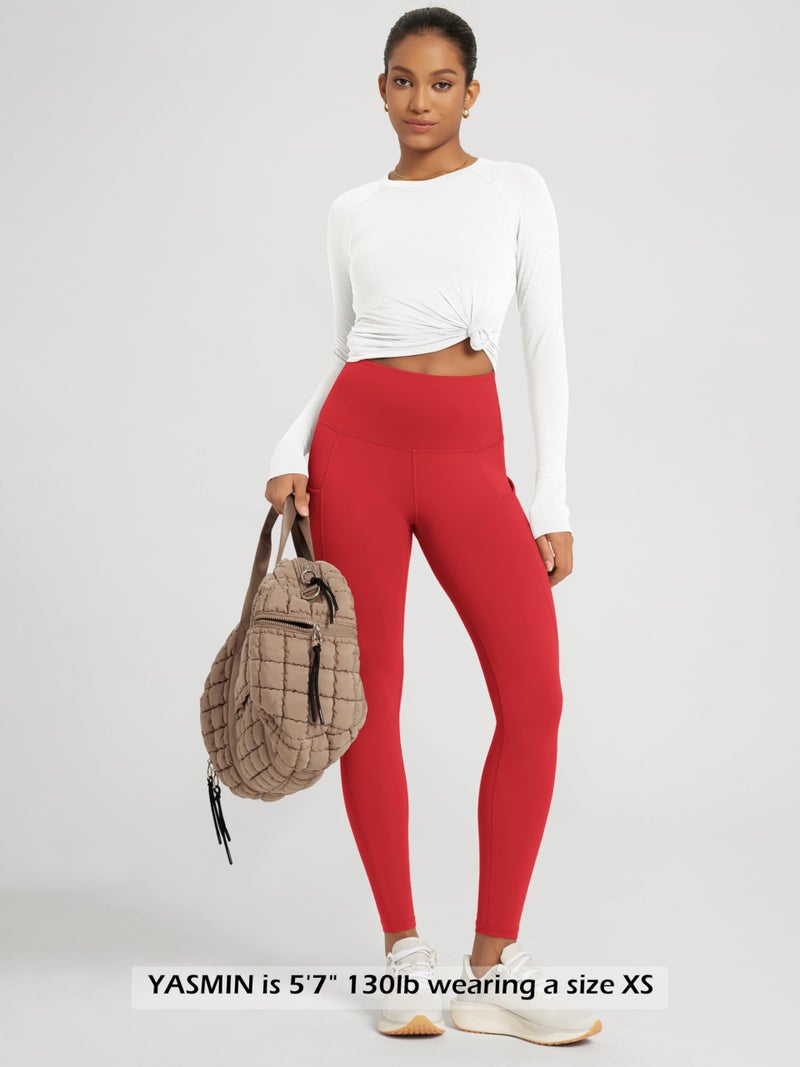ODODOS Women's High Waisted Full Length Yoga Leggings with Pockets, 28" Inseam Tummy Control Non See Through Workout Athletic Running Yoga Pants, Red, Medium - Image 3