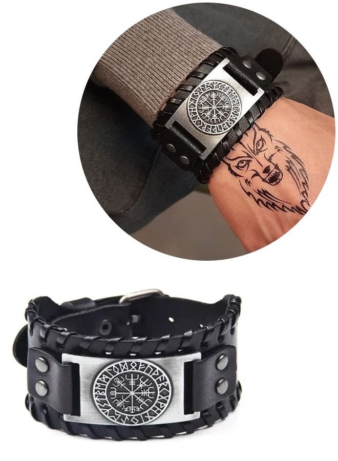 Viking Bracelet - Men's Adjustable Buckle Leather Cuff Bracelet Handmade Nordic Amulet - Compass  - Image 1