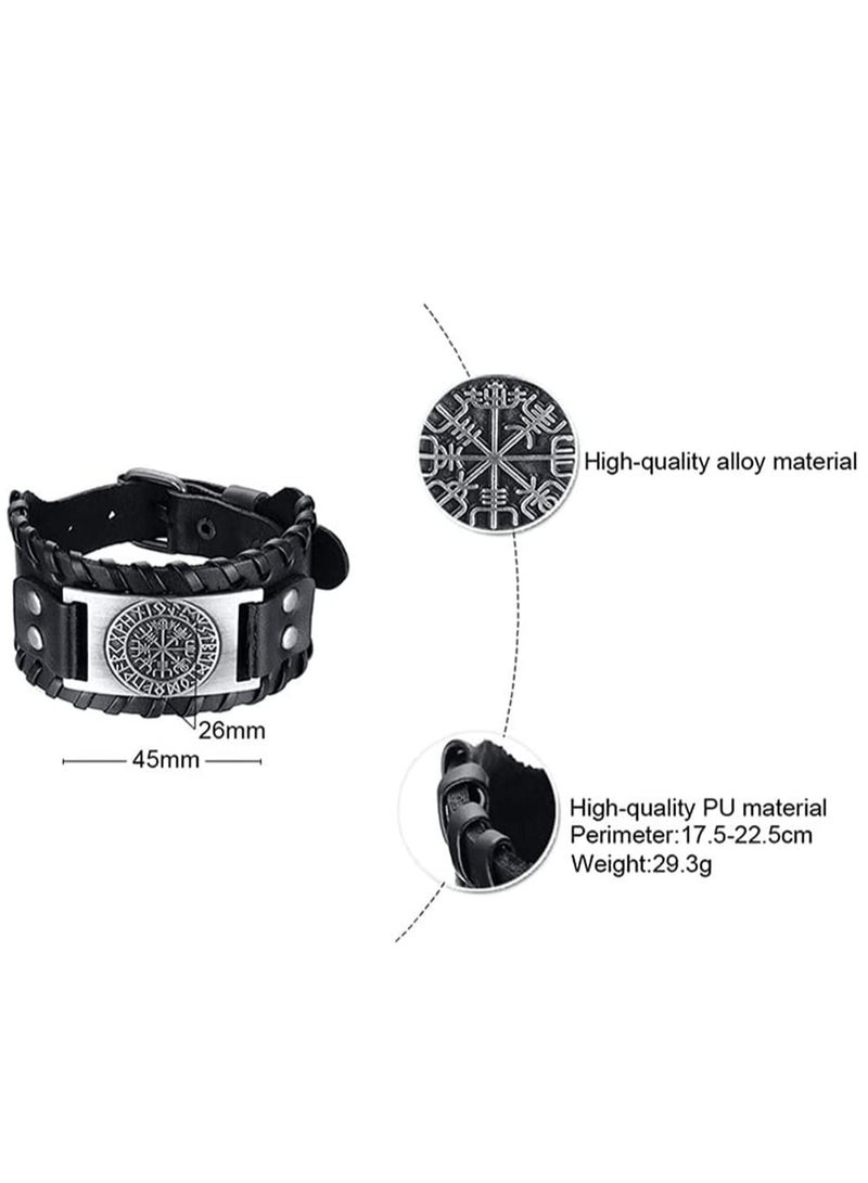 Viking Bracelet - Men's Adjustable Buckle Leather Cuff Bracelet Handmade Nordic Amulet - Compass  - Image 2