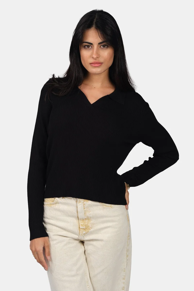 Virgio Self Design Viscose Johnny Collar Full Sleeve Knit Top for Women