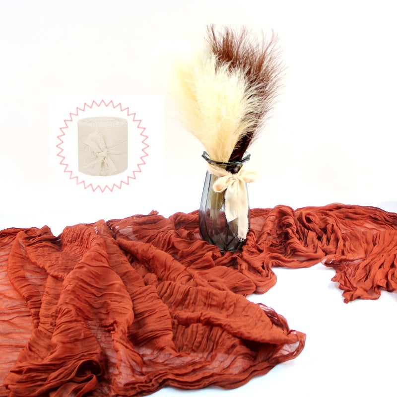 iSamzan 2pcs Boho Table Decor 1pcs 10FT 120in Long Terracotta Cheesecloth Table Runner with 1pcs 5Yd Chiffon Ribbon Terracotta Gauze Table Runner for Dinner Birthday Party Baby Shower Wedding
