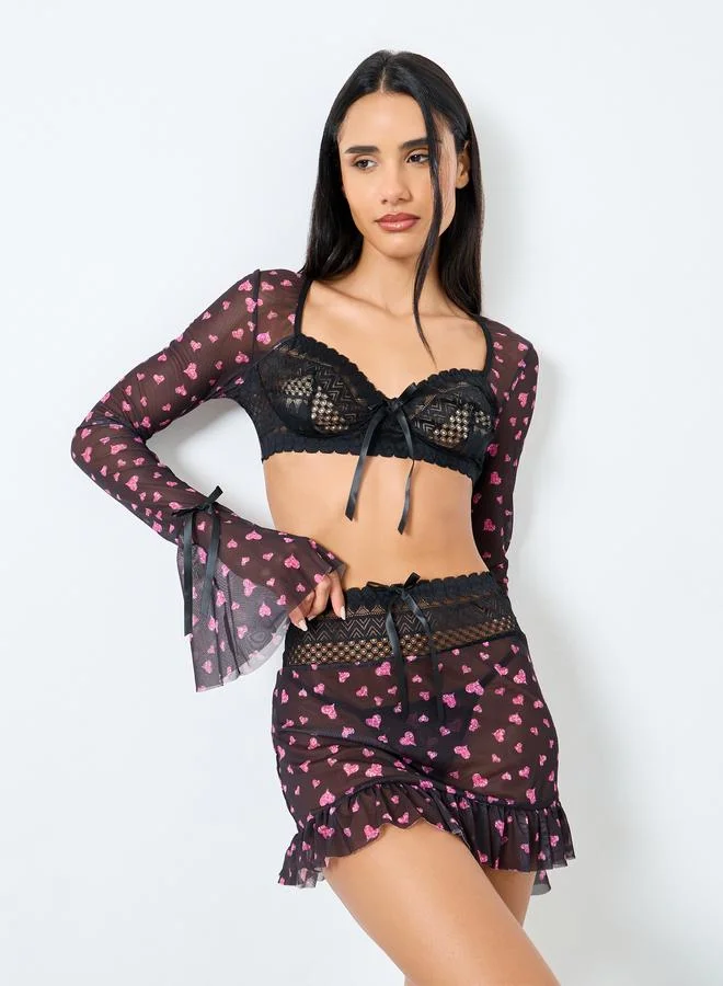 Styli Styli Pack of 3 - Heart Print Long Sleeves Bra Top, Lace Panel Skirt and Thong