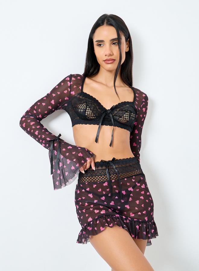 Styli Pack of 3 - Heart Print Long Sleeves Bra Top, Lace Panel Skirt and Thong - Image 1