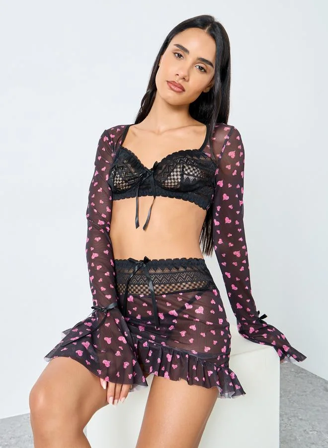 Styli Styli Pack of 3 - Heart Print Long Sleeves Bra Top, Lace Panel Skirt and Thong