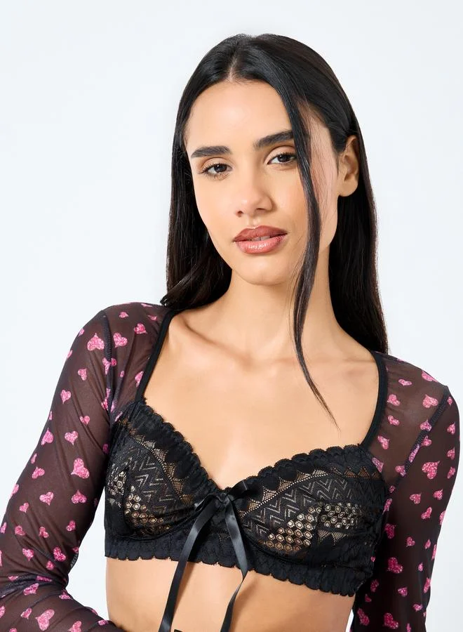 Styli Styli Pack of 3 - Heart Print Long Sleeves Bra Top, Lace Panel Skirt and Thong