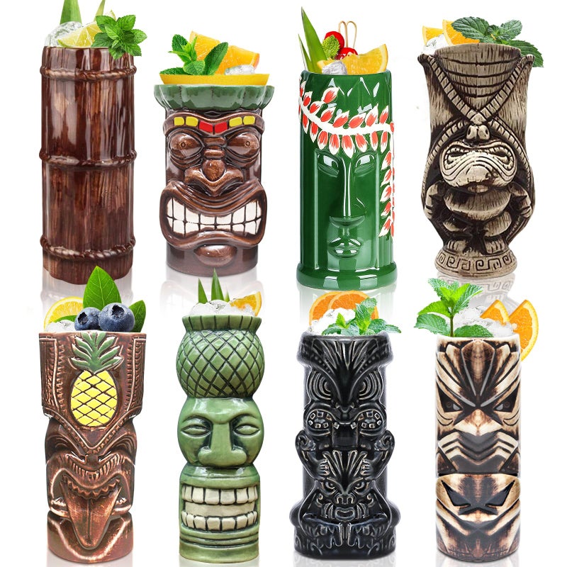 LINALL Tiki Mugs Cocktail Set of 8  Tumblers Ceramic Hawaiian Luau Party Mugs Drinkware Cute Exotic Cocktail Glasses Tiki Bar Professional Hawaiian Party Barware TKSET0017 8pcs