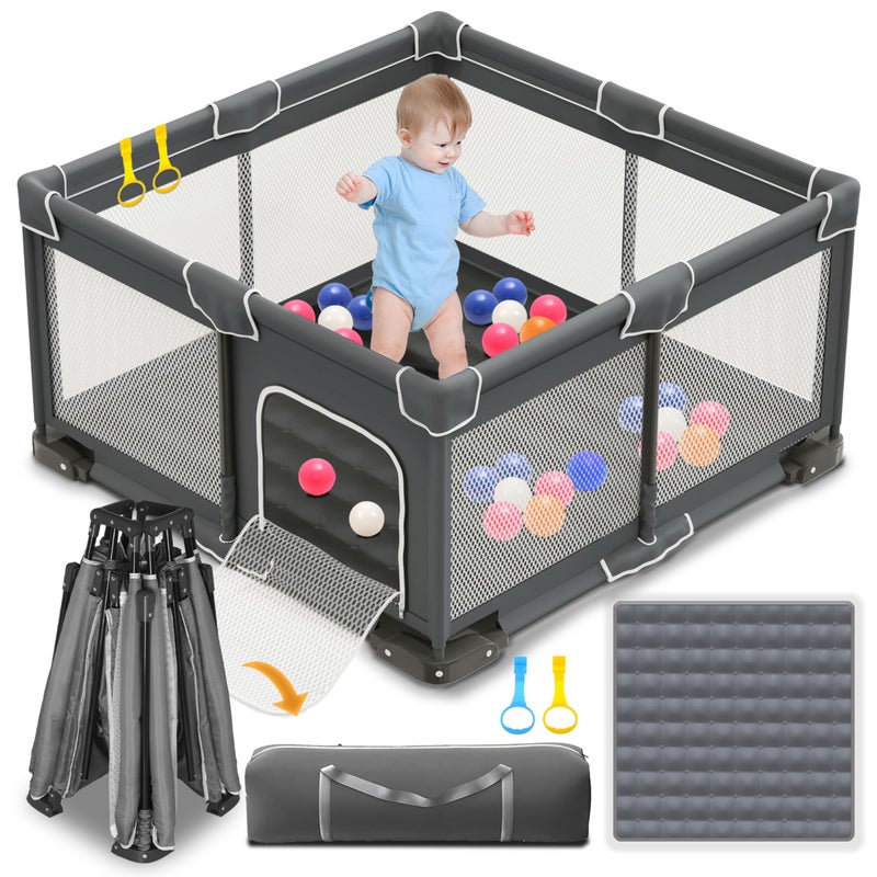 ICAREWAY سياج لعب قابل للطي من ICAREWAY للأطفال والرضع، 50x50 بوصة، سياج لعب محمول، سياج لعب قابل للطي للأطفال مع 2 مقبض، منطقة لعب داخلية وخارجية مع شبكة مرئية، رمادي داكن - Image 1
