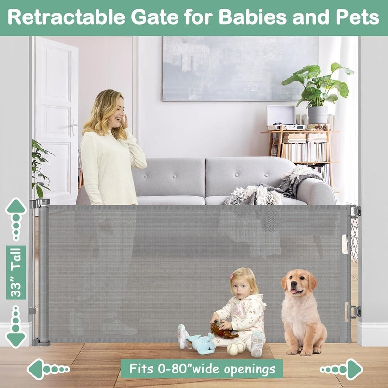 BETERTEK 80 Inch Retractable Baby & Dog Gate, Gray Mesh, 33' Tall, Indoor/Outdoor, Perfect for Babies & Dogs, One-Handed Operation, Anti-Scratch & Anti-Climb - Image 2