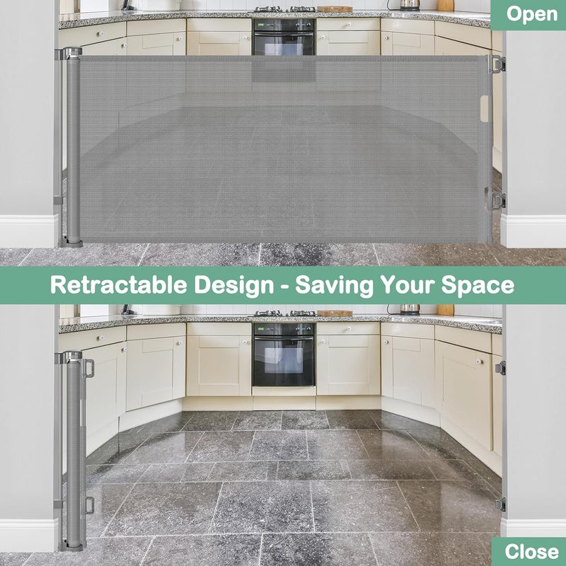 BETERTEK 80 Inch Retractable Baby & Dog Gate, Gray Mesh, 33' Tall, Indoor/Outdoor, Perfect for Babies & Dogs, One-Handed Operation, Anti-Scratch & Anti-Climb - Image 3