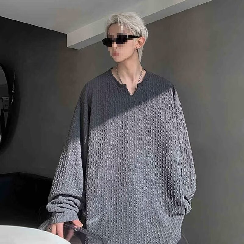 Vertical Stripe Long-Sleeved T-Shirt Men'S Plus Size Plus Size Fashionable Brand Fat Man Loose Lazy Style V-Neck Casual Autumn Bottoming - Image 5