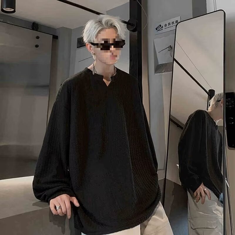 Vertical Stripe Long-Sleeved T-Shirt Men'S Plus Size Plus Size Fashionable Brand Fat Man Loose Lazy Style V-Neck Casual Autumn Bottoming - Image 1