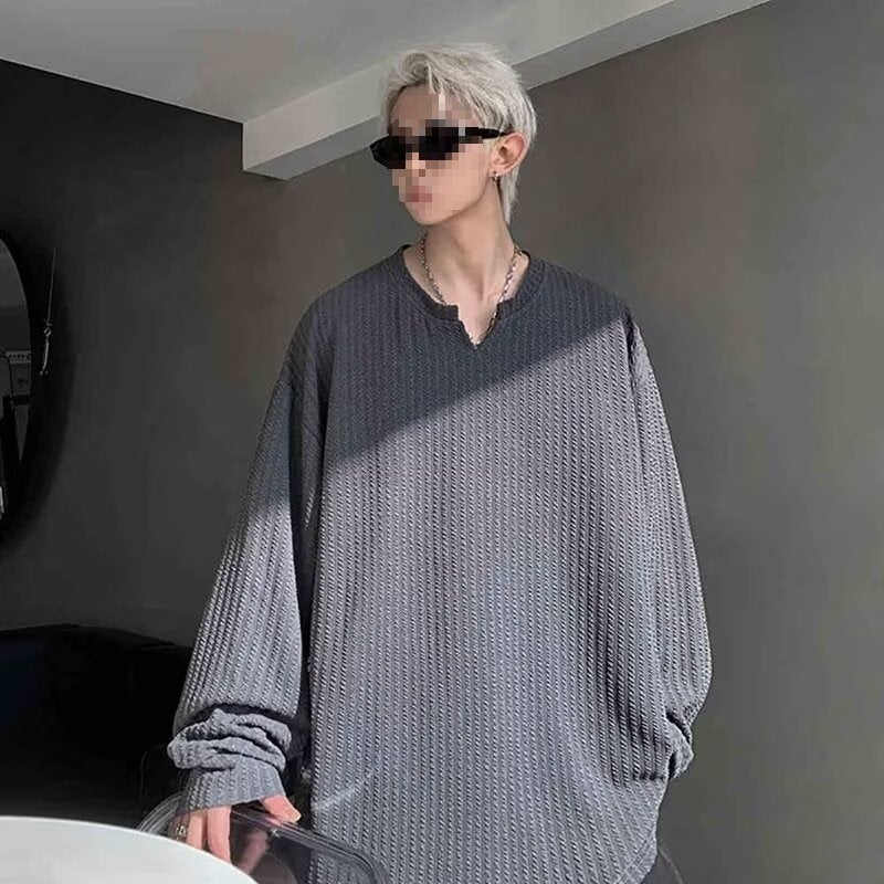 Vertical Stripe Long-Sleeved T-Shirt Men'S Plus Size Plus Size Fashionable Brand Fat Man Loose Lazy Style V-Neck Casual Autumn Bottoming - Image 3