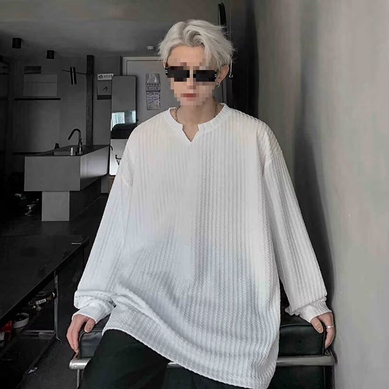Vertical Stripe Long-Sleeved T-Shirt Men'S Plus Size Plus Size Fashionable Brand Fat Man Loose Lazy Style V-Neck Casual Autumn Bottoming - Image 4