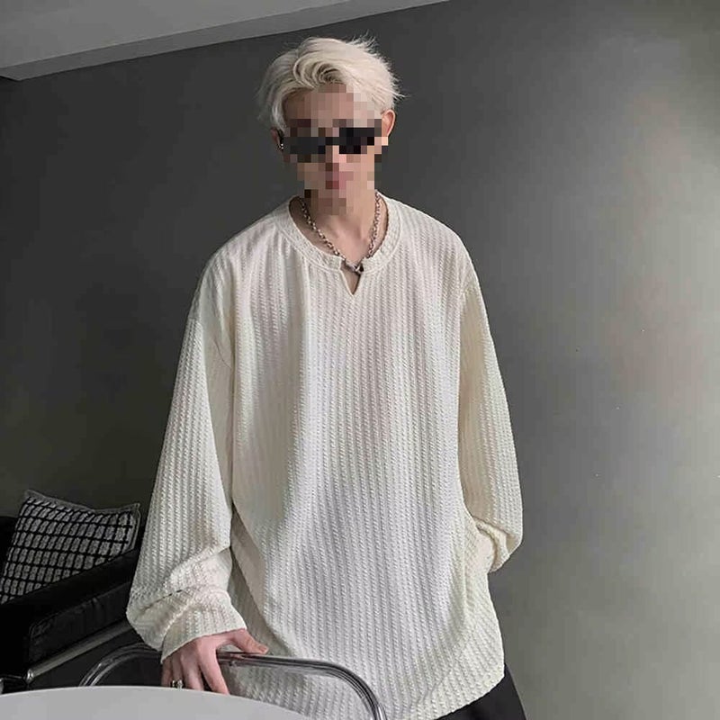 Vertical Stripe Long-Sleeved T-Shirt Men'S Plus Size Plus Size Fashionable Brand Fat Man Loose Lazy Style V-Neck Casual Autumn Bottoming - Image 2