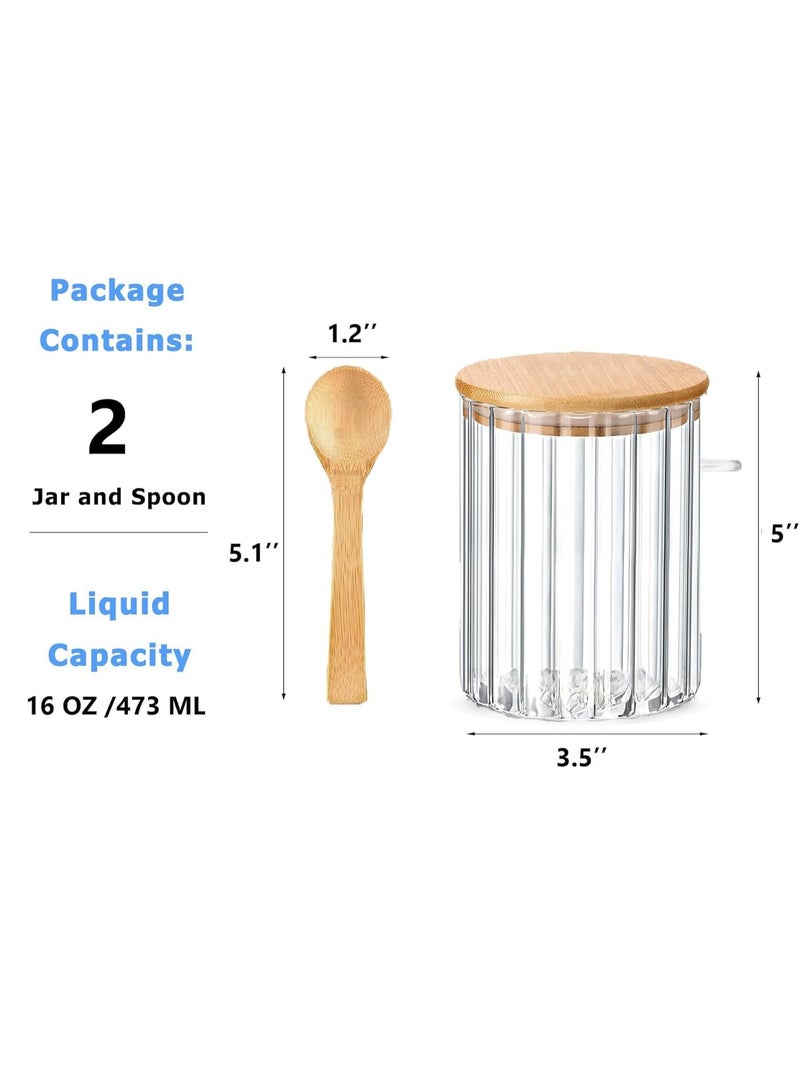 2 Pack Clear Glass Sugar Container with Bamboo Lid & Spoon, Airtight Ribbed Design, 473ml (16 oz) Food Storage Jar for Coffee, Tea, Spices - Image 2