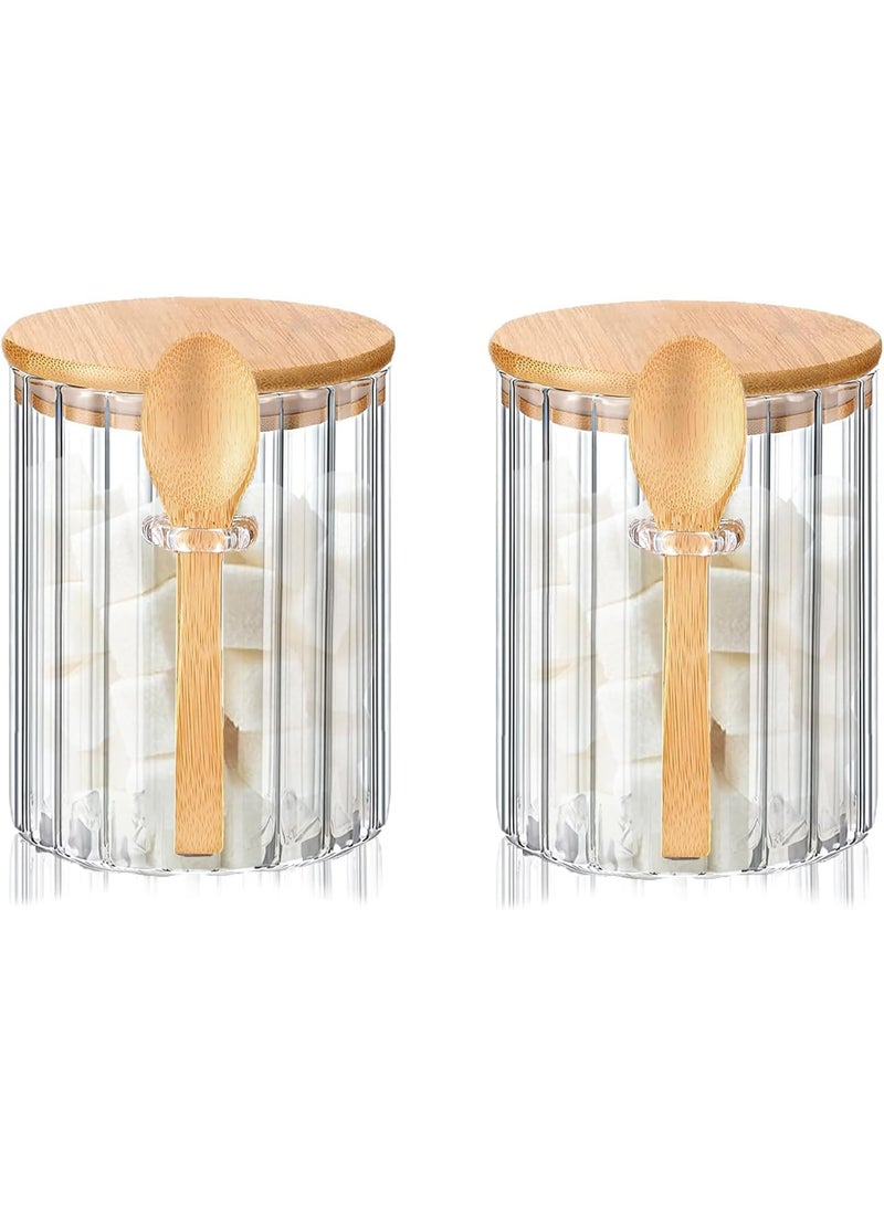 2 Pack Clear Glass Sugar Container with Bamboo Lid & Spoon, Airtight Ribbed Design, 473ml (16 oz) Food Storage Jar for Coffee, Tea, Spices - Image 1