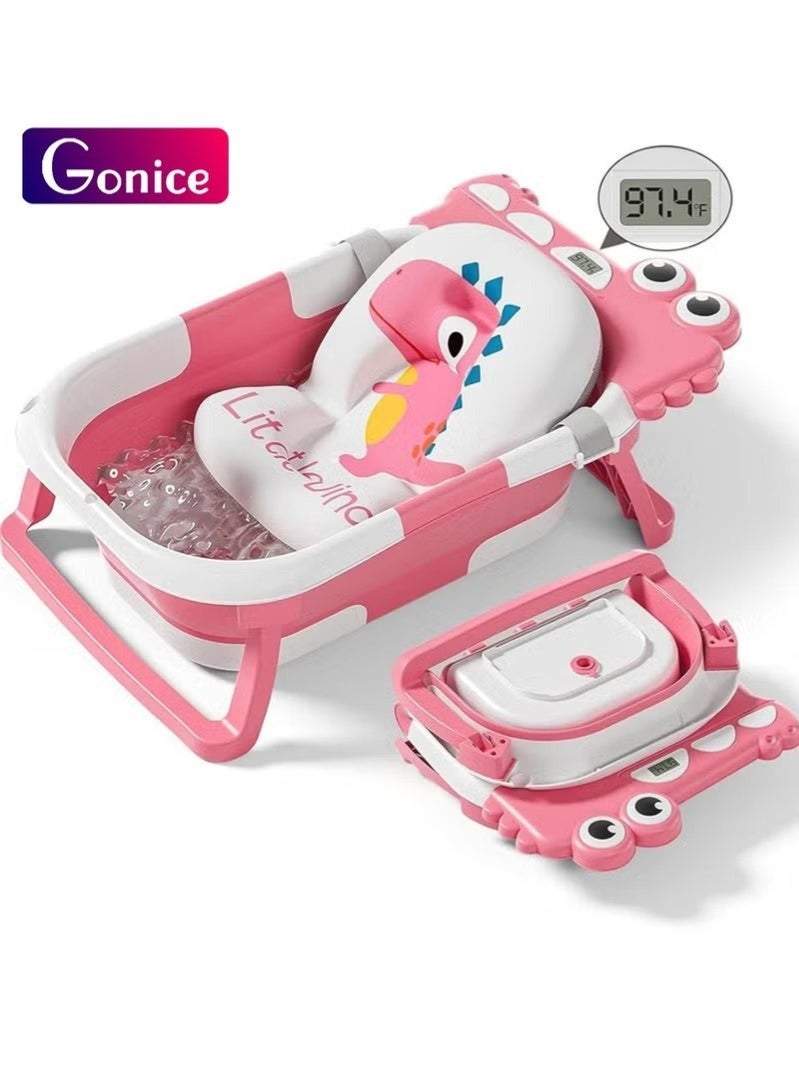 جونيس حوض استحمام للأطفال، قابل للطي مع مقياس حرارة ووسادة ناعمة عائمة وفتحة تصريف، مناسب للسفر ومناسب للمواليد حتى عمر 36 شهرًا، وردي - Image 1