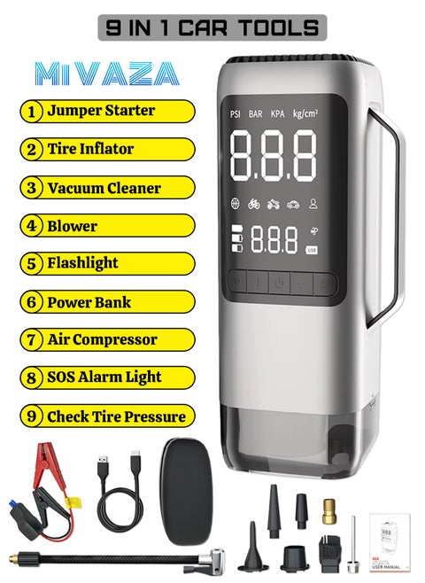Car Jump Starter - 9 in 1 Multi-function Car Tool - 12V -  Tire Inflator - Vacuum Cleaner - Blower - Power Bank - Air Compressor - Flashlight - SOS Alarm Light - Check Tire Pressure
