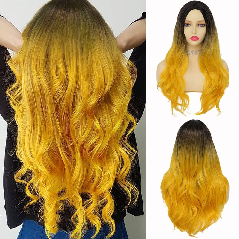 Yellow Curly Long Wavy Wigs for Women Ombre Yellow Middle Part Wigs Natural Synthetic Hair Wig for Cosplay Party Halloween Yellow