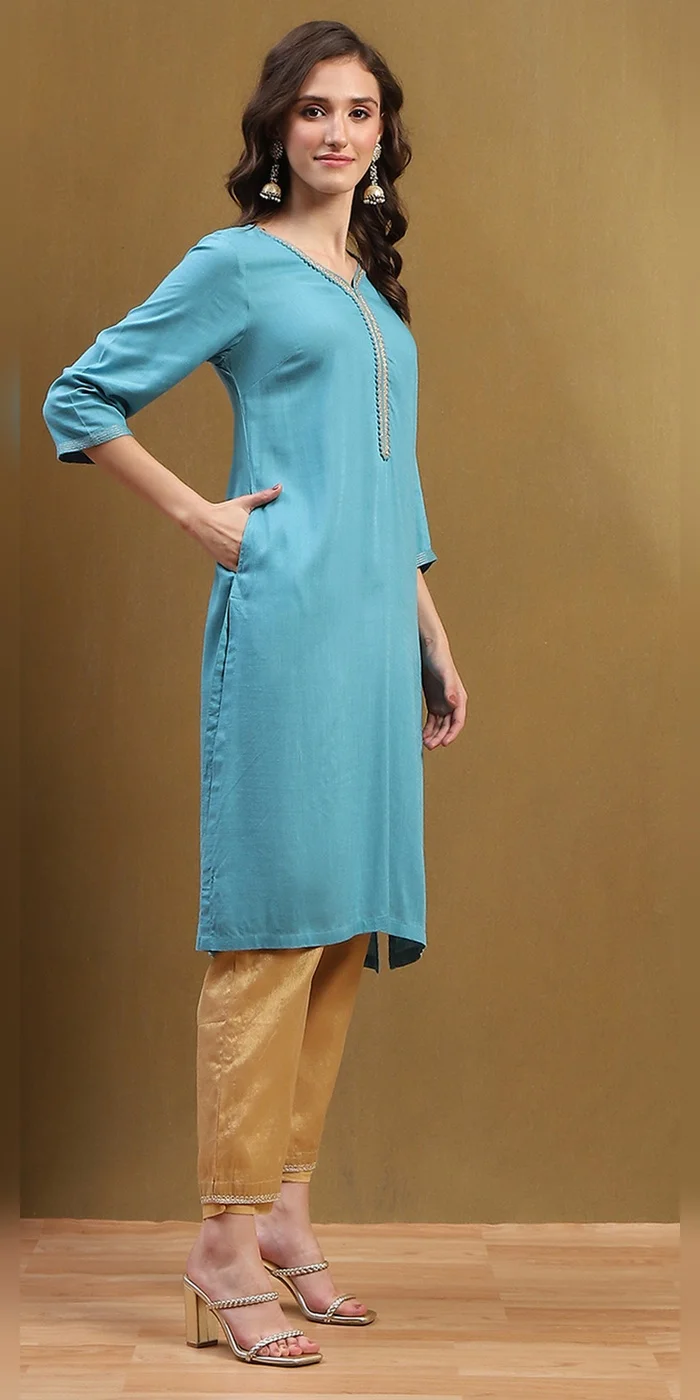 Biba Frost Blue Women Frost Blue Solid Regular Fit Straight Kurta for Women | Best Price UAE