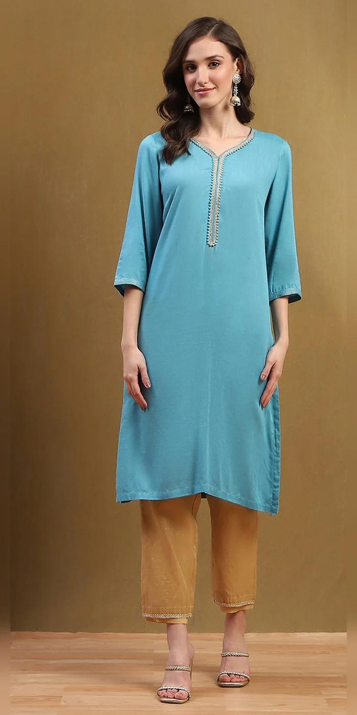 Biba Frost Blue Women Frost Blue Solid Regular Fit Straight Kurta for Women | Best Price UAE