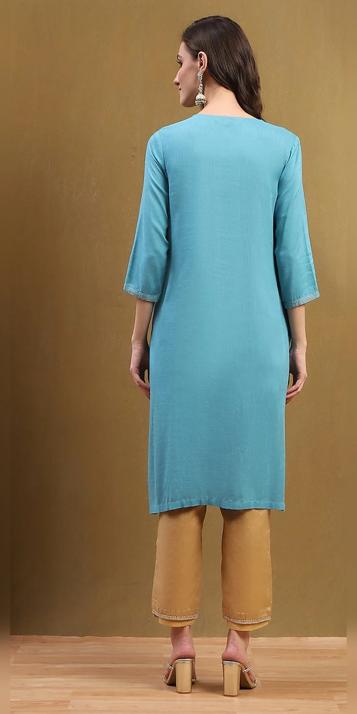 Biba Frost Blue Women Frost Blue Solid Regular Fit Straight Kurta for Women | Best Price UAE
