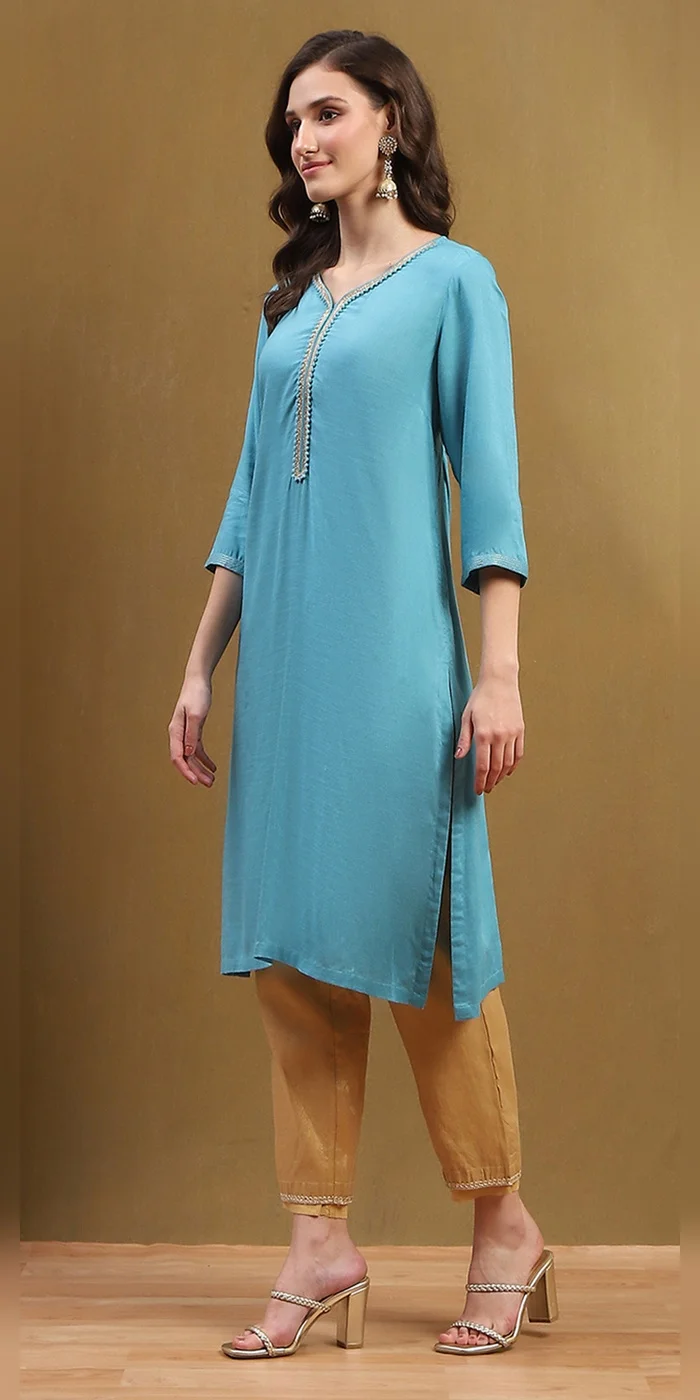 Biba Frost Blue Women Frost Blue Solid Regular Fit Straight Kurta for Women | Best Price UAE