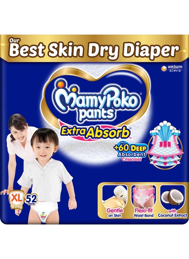 MamyPoko Pants Extra Absorb Baby Diapers, Extra Large (XL size) | 12-17 kg | 52 Count |Deep Sleep Diapers| Soft gentle fit |Deep Absorbent Crisscross | skin friendly with coconut oil |