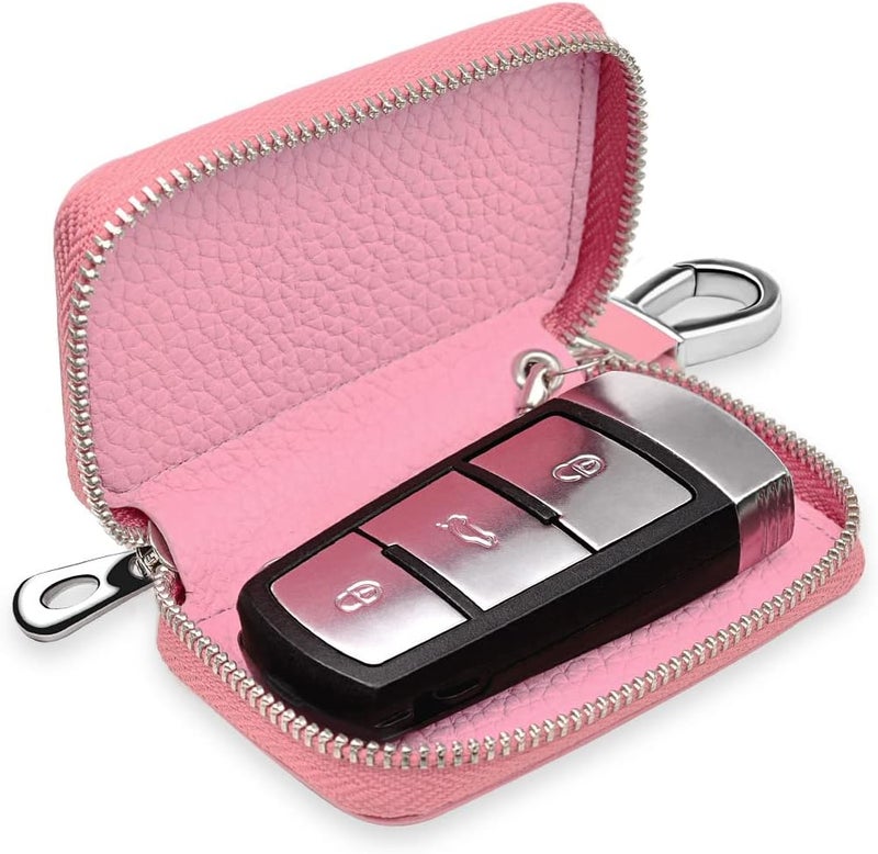 Buffway Car key Cover,Genuine Leather Car Smart Key Chain Coin Holder Metal Hook and Keyring Wallet Zipper Bag for Auto Remote Key Fob - Pink - Image 3
