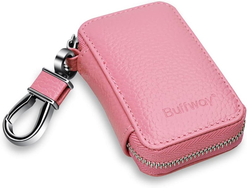 Buffway Car key Cover,Genuine Leather Car Smart Key Chain Coin Holder Metal Hook and Keyring Wallet Zipper Bag for Auto Remote Key Fob - Pink - Image 5