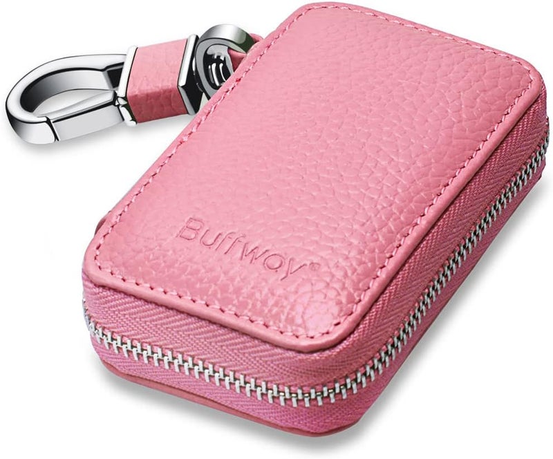 Buffway Car key Cover,Genuine Leather Car Smart Key Chain Coin Holder Metal Hook and Keyring Wallet Zipper Bag for Auto Remote Key Fob - Pink - Image 1